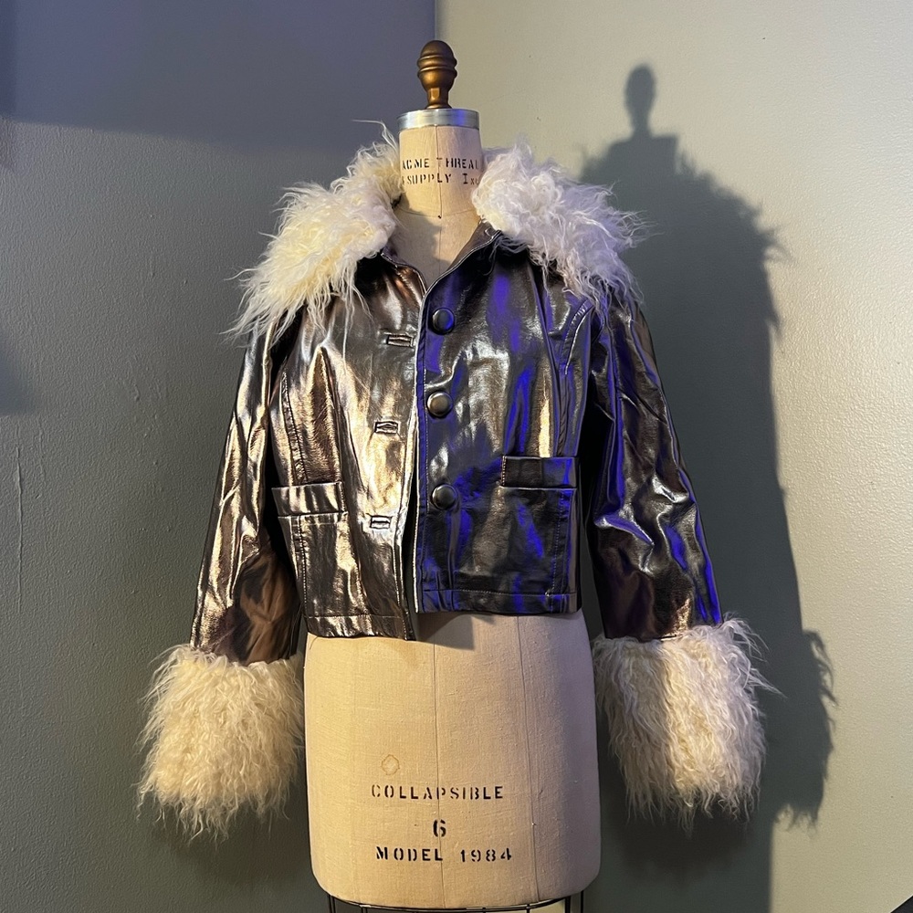 Pewter faux-leather Jacket with Fur Trim